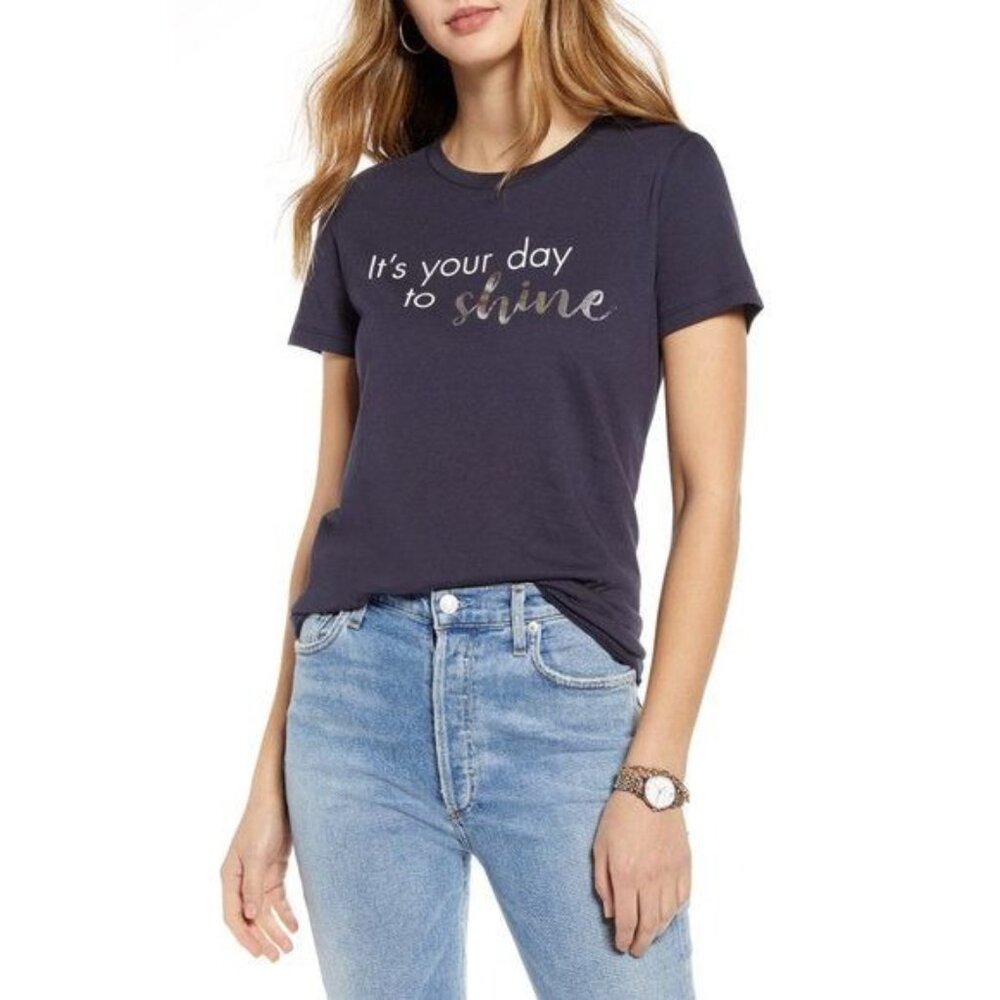 1901 Navy Its Your Day To Shine Graphic Tee Metallic Lettering Detail